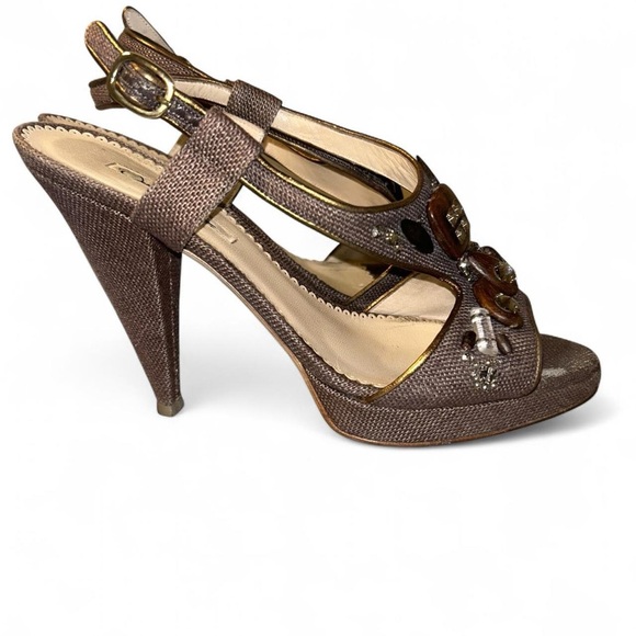 Oscar De La Renta Sz 40 Linen High Heel Sandal Beaded Rhinestone Embellished - Picture 6 of 8